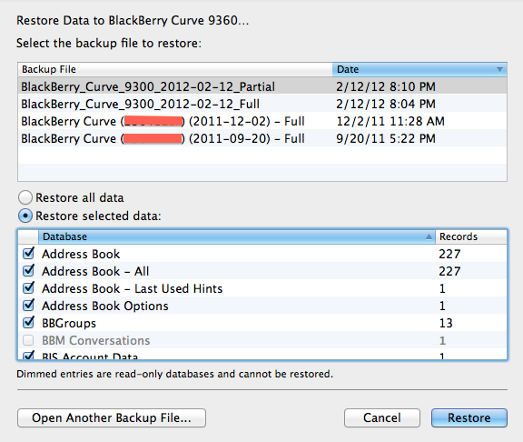 Blackberry Restore data from Backup