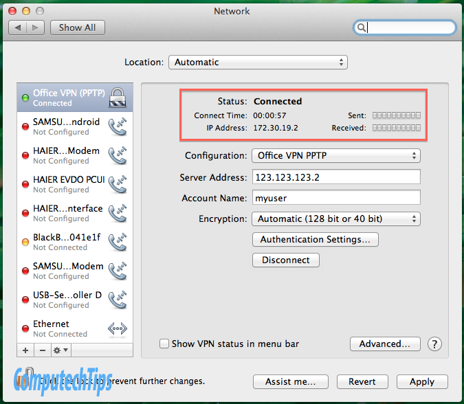 Set UP VPN on OS X Lion (Connected status)