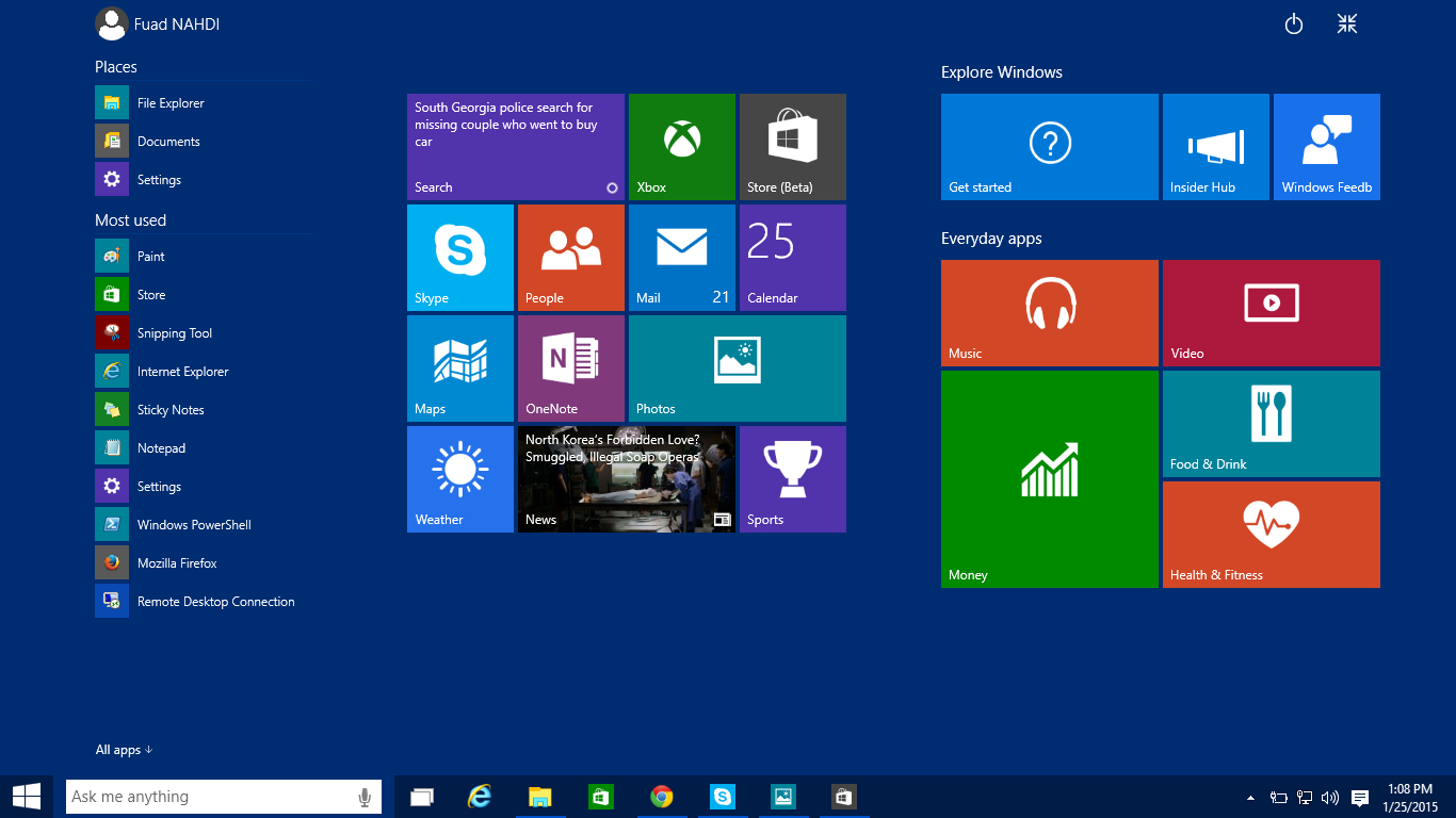 Expanded Start menu of Windows 10