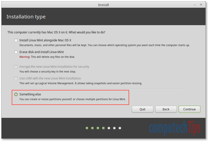 Linux Mint 17.3 on MacBook Installation type
